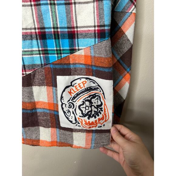 Men’s Large Kleep Gallant Premium Flannel Button Down Shirt Mixed Plaid Patches - Picture 5 of 8